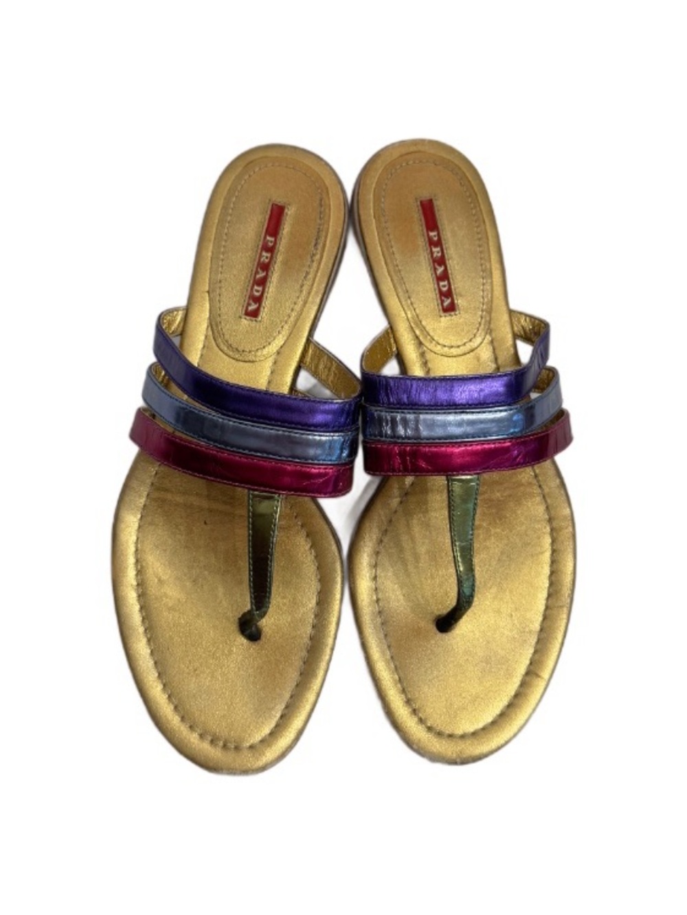 Prada T-Strap Thong Leather Meatallic Vintage 90s Y2K Sandals 7.5 / 38 Designer